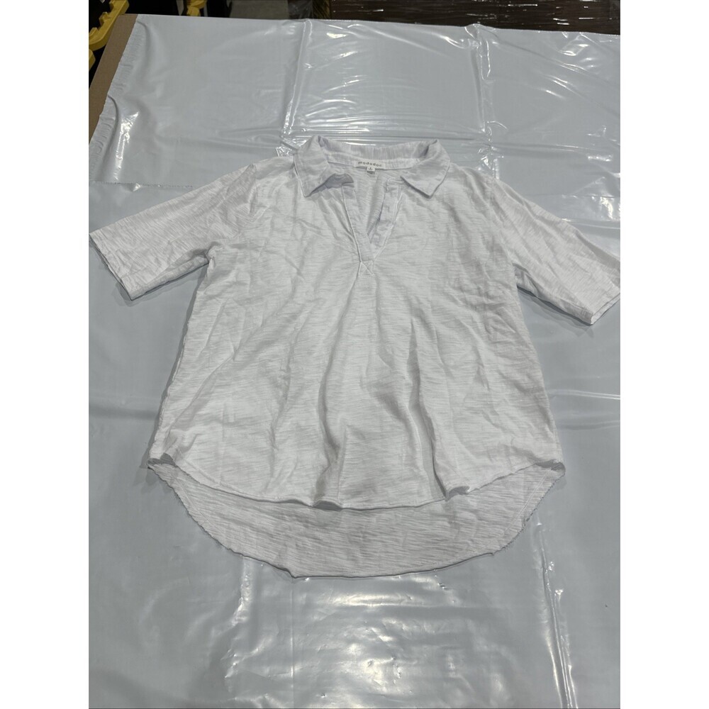Mododoc Top Womens Small White High-Low Short Sleeve Collared Blouse Boho CEB097